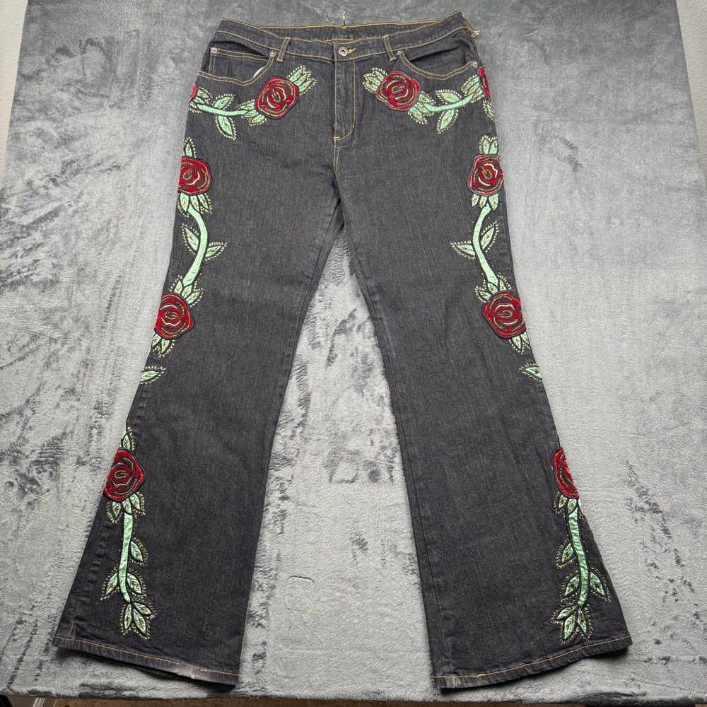 Vintage Suzanne Somers Collection Size 16 Black Rose Embroidered Flare Jeans